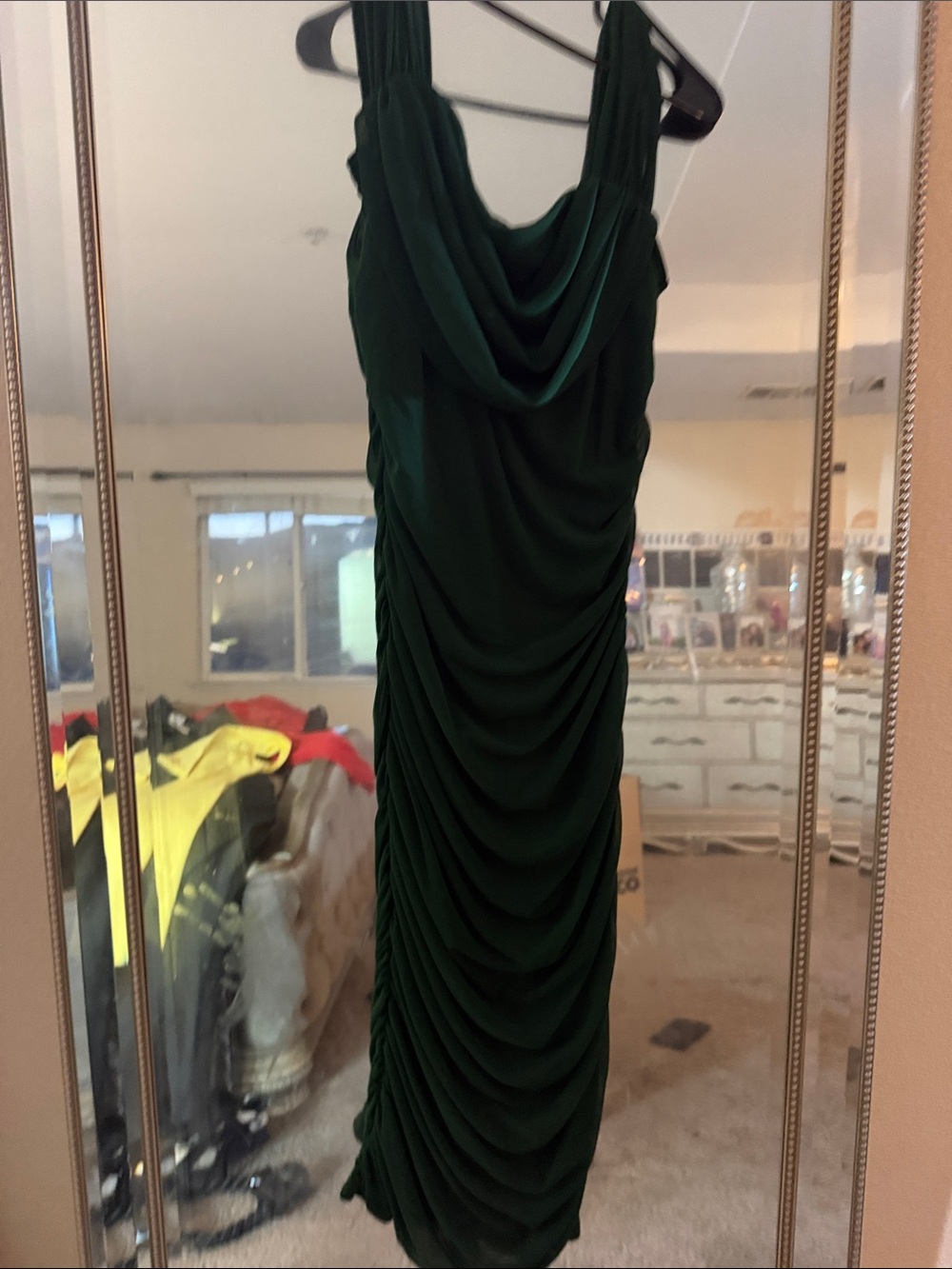 Ruched Cowl Neck Midi Dress in Deep Green